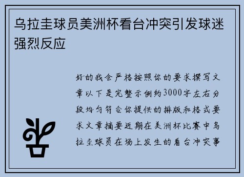 乌拉圭球员美洲杯看台冲突引发球迷强烈反应