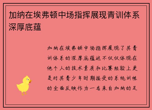 加纳在埃弗顿中场指挥展现青训体系深厚底蕴